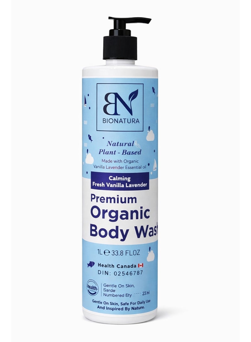 BIONATURA Premium Organic Body Wash 1000ml – Plant-Based Cleanser with Coconut & Olive Oils, Sulfate & Paraben Free, Vanilla Lavender Scent, Gentle Hydrating Body Wash for Sensitive Skin - Image 1